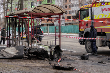 Kyiv, Ukraine - January 23, 2024: Early in the morning, the Russians fired missiles at Kyiv. a rocket fell near the house and did not detonate. the house was destroyed, the apartments were burned.