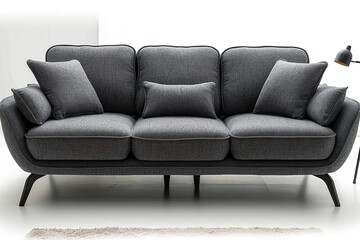 stylist and royal Modern scandinavian classic gray sofa with legs with pillows on isolated white background.