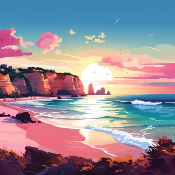 Algarve portugal watercolor colorful painting beautiful image Ai generated art