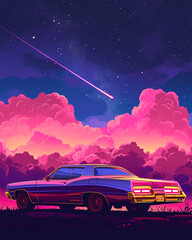 An old car under a gorgeous night sky. Generative AI
