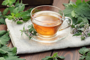 Motherwort fresh leaves  with tea on rustic wooden background, closeup, copy space, green medicine, heart desease care, menstrual and menopausal treatment concept