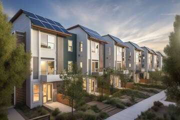 Lovely modern residences featuring rooftop solar panels. Generative AI