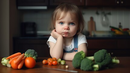 Fototapeta premium offended little girl sits at the table and does not want to eat vegetables