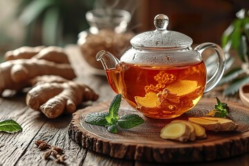 Teapot and cup of tea with ginger on light wooden background - Powered by Adobe