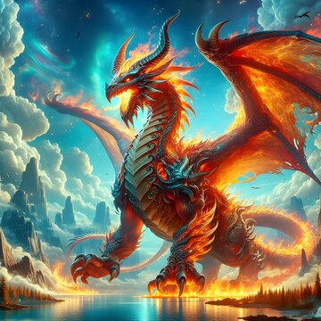 fire dragon blue sky fantasy