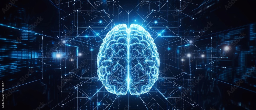 Poster a brain with lights and symbols on a dark background generative ai