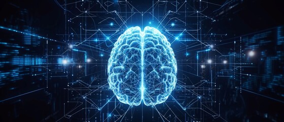 a brain with lights and symbols on a dark background Generative AI - obrazy, fototapety, plakaty