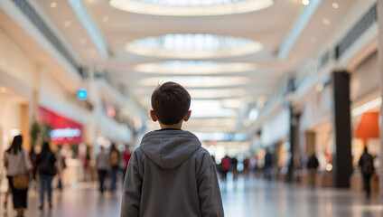 back view a boy stand in the mall