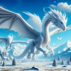 white dragon in the sky fantasy