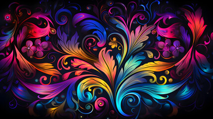 A colorful background with a black background and a black background with a swirly pattern,,
abstract decoration of colorful floral pattern on wallpaper Free Photo
