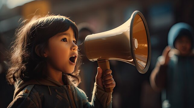An Asian child passionately shouts through a megaphone, symbolizing youthful activism