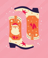 Christmas cowboy boots with Santa Claus, stars and hearts on pink background. Cute festive winter holiday greeting card vector illustration. Bright colorful design.