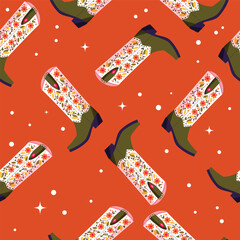 Cowboy boots with flowers and hearts on vibrant orange background, seamless pattern. Cute festive repeat pattern. Bright colorful vector design. - 717050013
