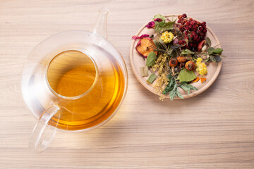 Alternative medicine. Endobiogenics, new look at medicine, medicinal herbs on wooden background. Top view