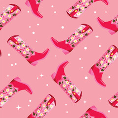 Cowboy boots with flowers and hearts on vibrant pink background, seamless pattern. Cute festive repeat pattern. Bright colorful vector design. - 717050032