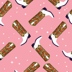 Cowboy boots with flowers and hearts on vibrant pink background, seamless pattern. Cute festive repeat pattern. Bright colorful vector design. - 717050048