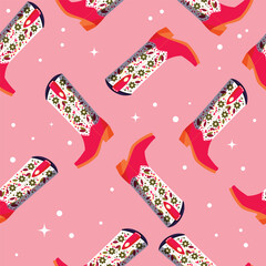 Cowboy boots with flowers and hearts on vibrant pink background, seamless pattern. Cute festive repeat pattern. Bright colorful vector design.