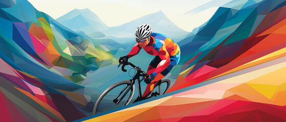 Athletic Cyclist Racing on Abstract Mountain Path - obrazy, fototapety, plakaty