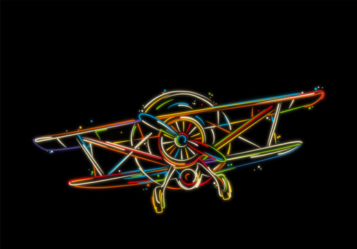 recommend clip art: Biplane front view sketch, stylized vector hand drawing in colors over black