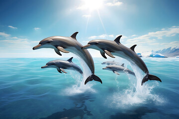A pod of dolphins jumping over the sea - obrazy, fototapety, plakaty