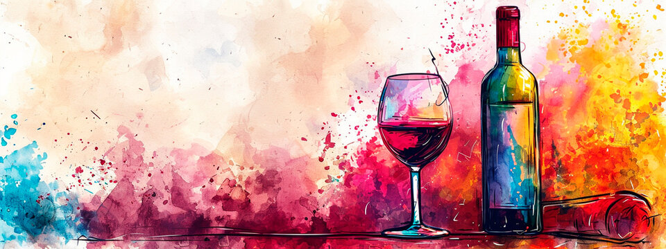 Watercolor drawing of a wine bottle and glass. Selective focus.