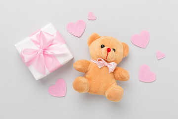 Valentines day composition with gifts on color background, top view.
