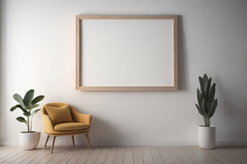 Wooden blank frame on the white wall, interior background 