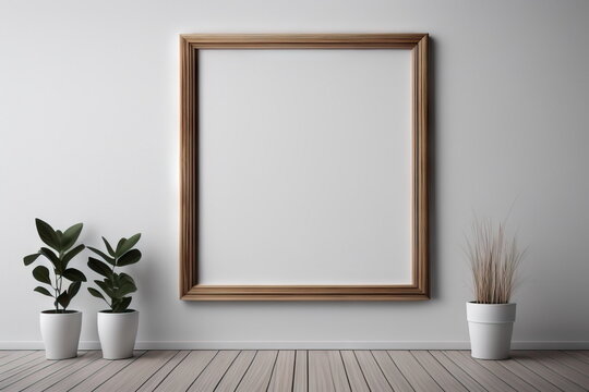 Wooden blank frame on the white wall, interior background 