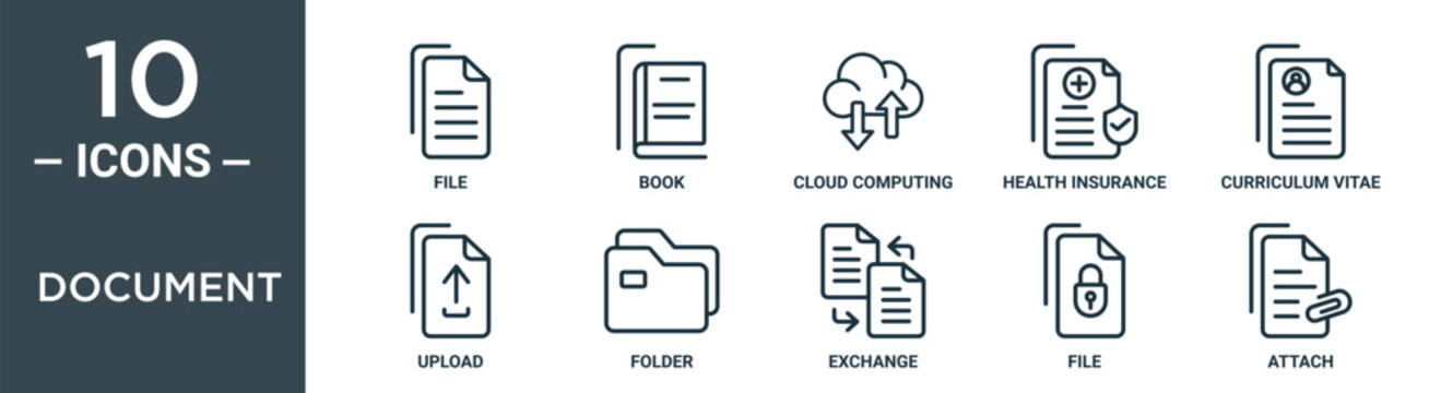 document outline icon set includes thin line file, book, cloud computing, health insurance, curriculum vitae, upload, folder icons for report, presentation, diagram, web design