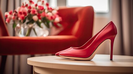 Springtime chic: Red shoes on a desk, adding a burst of vibrant style to your seasonal wardrobe. E
