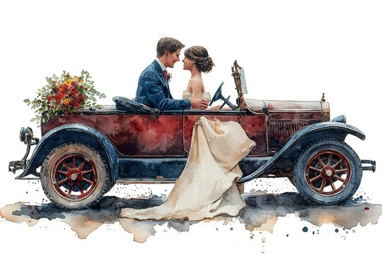 just married couple in a vintage wedding car. Watercolor hand painted wedding romantic illustration on white background.