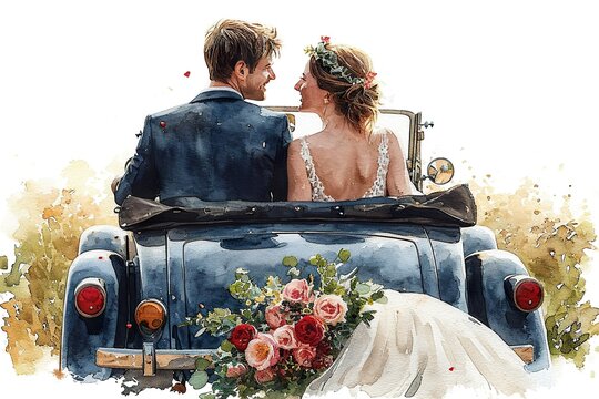 just married couple in a vintage wedding car. Watercolor hand painted wedding romantic illustration on white background.