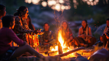 A tranquil scene of a Native American elder telling stories around a campfire, surrounded by family and community members, with the warm glow of the flames enhancing the atmosphere - obrazy, fototapety, plakaty