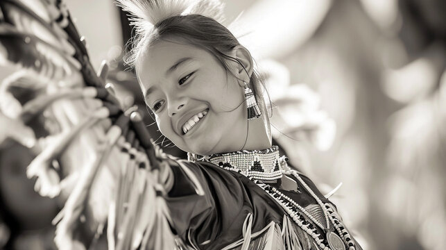 A young Native American girl participating in a tribal dance, adorned with feathers and beaded garments, her joyful movements expressing the cultural vitality passed down through g