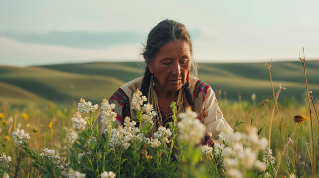 A serene image of a Native American woman gathering herbs and plants in a vast meadow, emphasizing the deep connection between indigenous communities and the natural world.