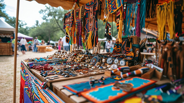 A traditional Native American powwow vendor booth filled with handmade crafts, jewelry, and textiles, showcasing the diversity and beauty of indigenous artistry.