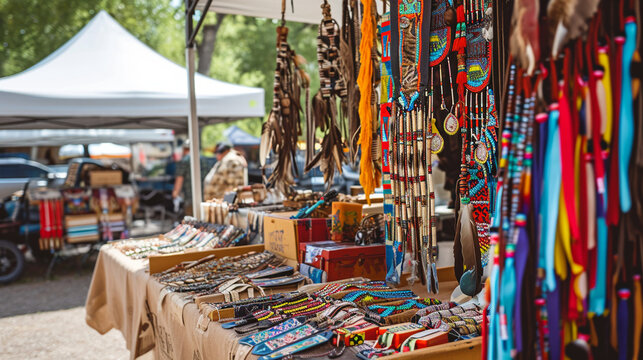 A traditional Native American powwow vendor booth filled with handmade crafts, jewelry, and textiles, showcasing the diversity and beauty of indigenous artistry.