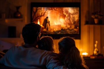 Fototapeta premium family watching tv together at home