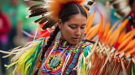 A Native American woman in ceremonial attire performing a healing dance, the vibrant regalia and graceful movements capturing the spiritual essence of the traditional dance.