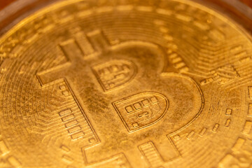 Closeup bitcoin. Gold coin. Finance concept