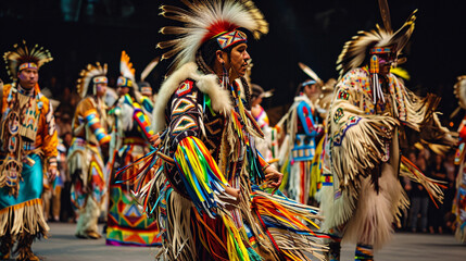 A modern Native American powwow showcasing a fusion of traditional and contemporary dance styles, with dynamic movements and colorful regalia celebrating the evolving nature of ind - obrazy, fototapety, plakaty