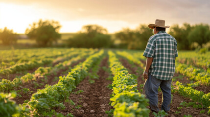 A Native American farmer tending to crops in a field, utilizing sustainable agricultural practices that have been passed down through generations, emphasizing the connection betwee - obrazy, fototapety, plakaty