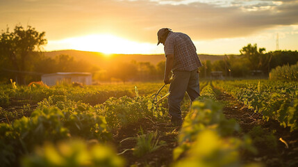 Fototapeta premium A Native American farmer tending to crops in a field, utilizing sustainable agricultural practices that have been passed down through generations, emphasizing the connection betwee
