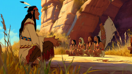 Fototapeta na wymiar A Native American storyteller sharing tales with a captivated audience, the animated expressions and engaging narrative creating a visually compelling scene that emphasizes the end