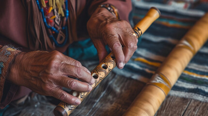 A Native American artisan crafting a traditional flute, the focused hands and artistic process capturing the meditative and spiritual aspects of indigenous music. - obrazy, fototapety, plakaty