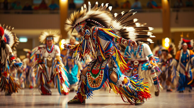 A modern Native American powwow showcasing a fusion of traditional and contemporary dance styles, with dynamic movements and colorful regalia celebrating the evolving nature of ind