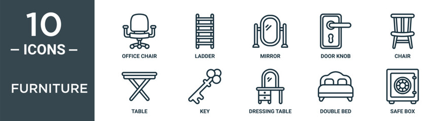 furniture outline icon set includes thin line office chair, ladder, mirror, door knob, chair, table, key icons for report, presentation, diagram, web design - obrazy, fototapety, plakaty