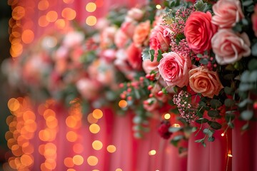 wedding decoration in red background with flower with lights - obrazy, fototapety, plakaty