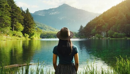 Woman standing by the lake on a serene summer morning - obrazy, fototapety, plakaty
