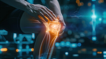 Digitally composite image of man suffering with knee cramp.
